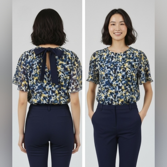 H&M Size M Flowy Abstract Print Summer Women's Top With Back Blue Bow - Picture 1 of 10